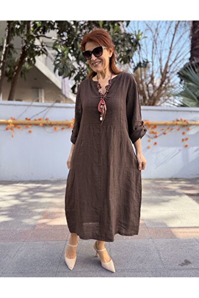 DenizEge Ιταλικό φόρεμα με λάστιχο στην πλάτη K Λινό Bitter Brown