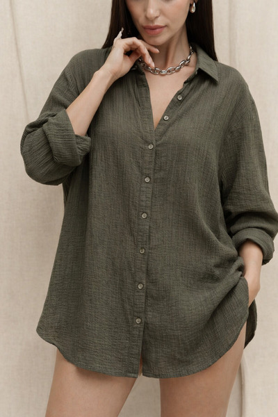 COMBİNE MİCHAİL Women's Basic Long Sleeve Loose Khaki Shirt