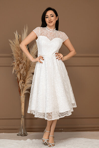 BEYBOS دانتيل فستان ميدي من قماش الترتر - أبيض