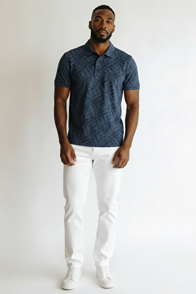 KAMER Men's Modern Fit Shirt Collar Tek Pocketed D Patterned Navy Blue T-Shir...