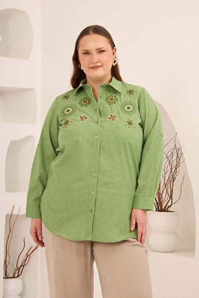 RMG Embroidery and Appliqué Detailed Plus Size Shirt Green
