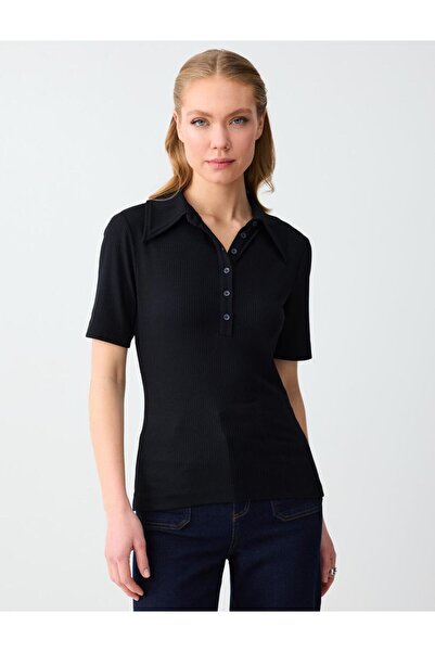 Jimmy Key Siyah Polo Yaka Truvakar Kol Örme Bluz