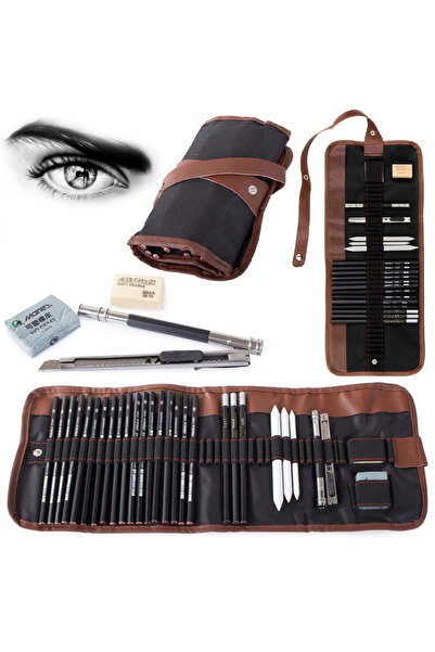 zola Sketching tool set, wooden, with black/brown storage case, 29 items