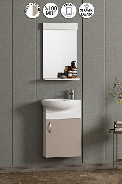 ÖZCEDEN Lale 45 cm Beyaz-Selenit MDF Seramik Lavabolu Asma Banyo Dolabı Takımı