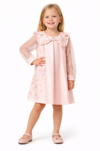 damasquino Kız Çocuk Pudra Çiçek Aplikeli Elbise – Tül Kollu Zarif Özel Gün M...
