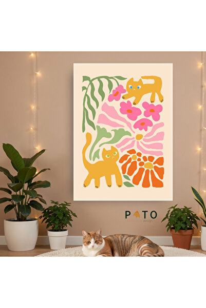 Pato Design 'Kitties and Flowers' Tablo | Bej Çerçeveli | MDF & UV Baskı