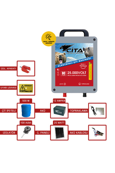 ÇİTA Elektrikli Çit Makinesi, 5 Dönüme göre Güneş Panelli & Akülü Domuz Kovuc...