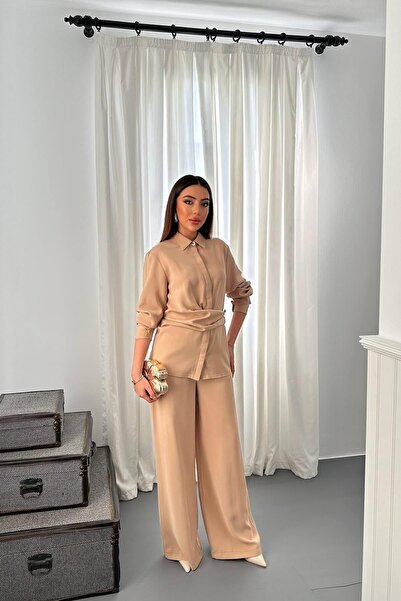 cemo Kadın Klasik Yaka Kemer Detaylı Gömlek Pantolon Takım