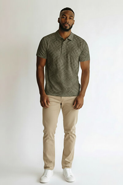 KAMER Men's Modern Fit Shirt Collar Tek Pocketed D Patterned Green T-Shirt 5060Y