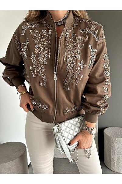 Lavanta Tekstil Coffee Color Sequin Embroidered Design Bomber Jacket