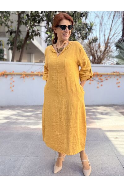 DenizEge إيطالي رايت آند لاستريك K كتان فستان الخردل