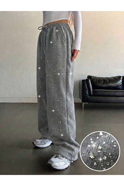 Bravebell Glow Silvery Glitter Stone Detailed Baggy Sweatpants
