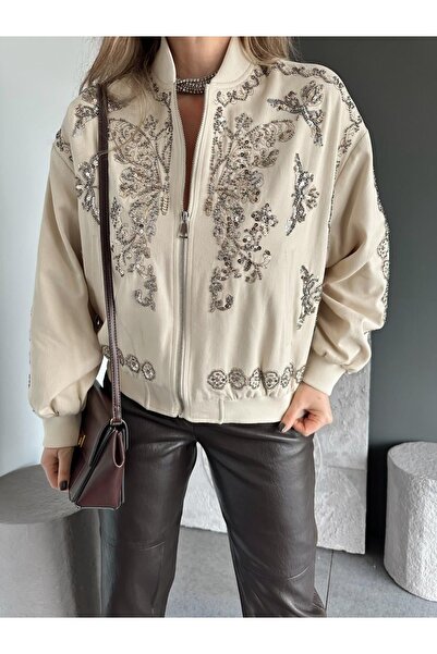 Lavanta Tekstil Coffee Color Sequin Embroidered Design Bomber Jacket
