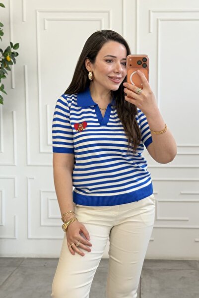 yb yağmur butik Ριγέ Κοντομάνικο πλεκτό με λεπτομέρεια καρδιάς