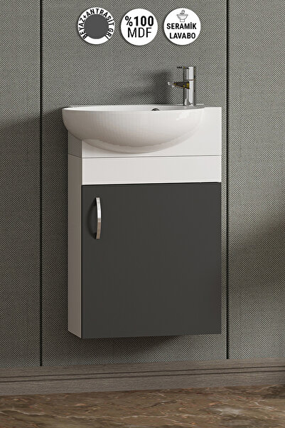 ÖZCEDEN Lale 45 cm Beyaz-Antrasit Gri Mat MDF Seramik Lavabolu Asma Alt Banyo...