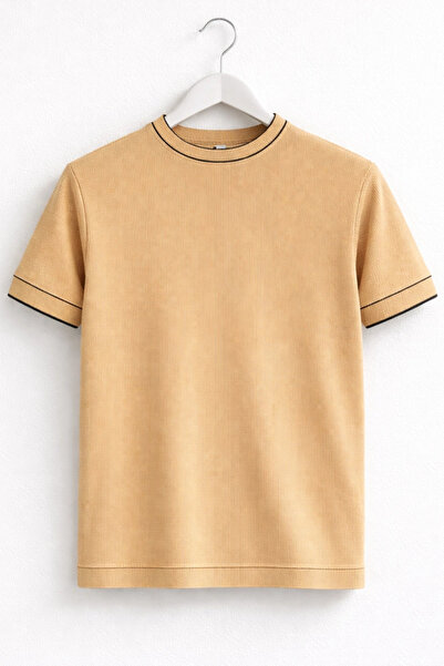 Edwox Men's Crew Neck Stripe Patterned Knitwear T-Shirt Yellow Cd170