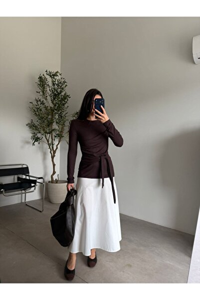 Bade Butik فستان كوفي ألتي قماش بوبلين قماش قابل للتمدد