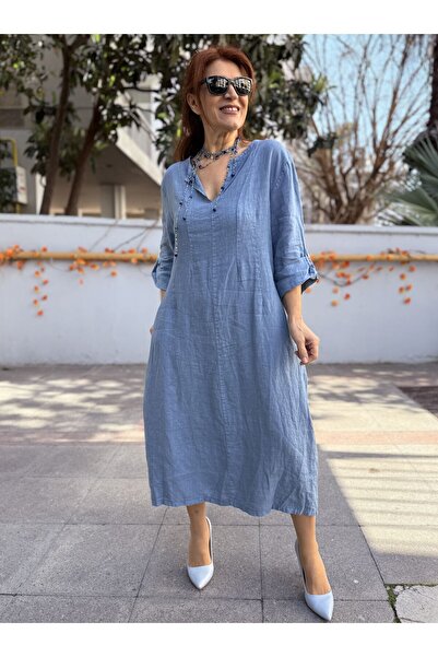 DenizEge Italian Back Elastic K Linen Dress Cloud Blue