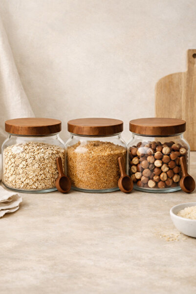 welcomein 3’lü Akasya Kapak Cam Kavanoz Seti 2000 ml | Kaşıklı | Bakliyat & M...