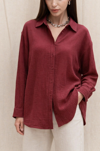 COMBİNE MİCHAİL Women's Basic Long Sleeve Loose Burgundy Shirt