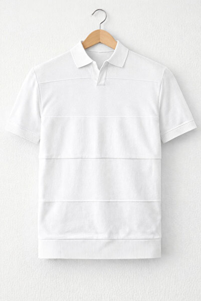 Edwox Ανδρικό πλεκτό μπλουζάκι με ανοιχτό γιακά, λευκό Cd174