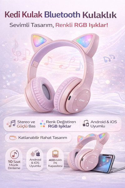 Kitchen Queen Home Kedi Kulaklı Bluetooth Kulaklık – RGB Işıklı Kablosuz Kula...