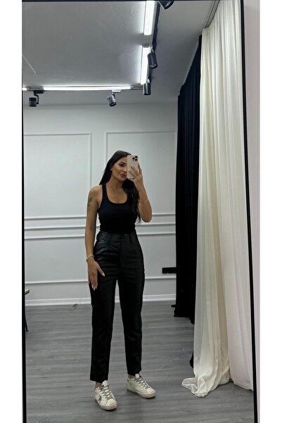 Daves Black Button Detailed Carrot Cut Leather Pants