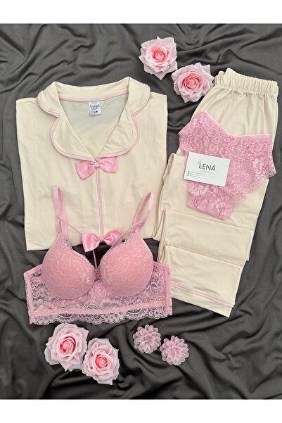 Lena Homewears Set de pijamale cu mânecă scurtă, cu fundă și lenjerie neagră