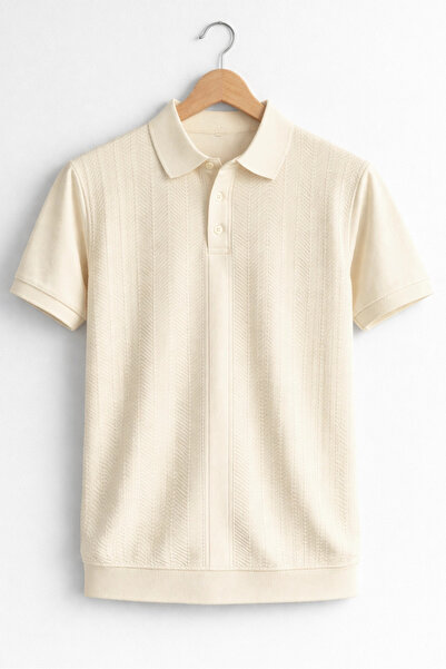 Edwox Ανδρικό πλεκτό μπλουζάκι με γιακά πόλο και κουμπιά, κρεμ Cd172