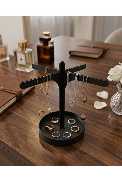 APLUS Jewelry Stand with Tray & Jewelry Organizer - Black Modern Necklace Han...