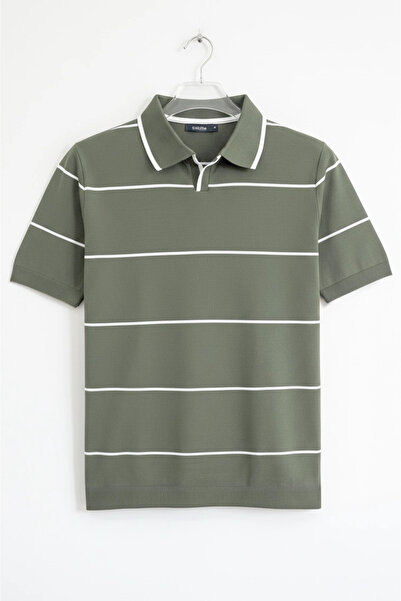 Edwox Ανδρικό πλεκτό μπλουζάκι με ανοιχτό γιακά Ριγέ ανοιχτό πράσινο Cd151