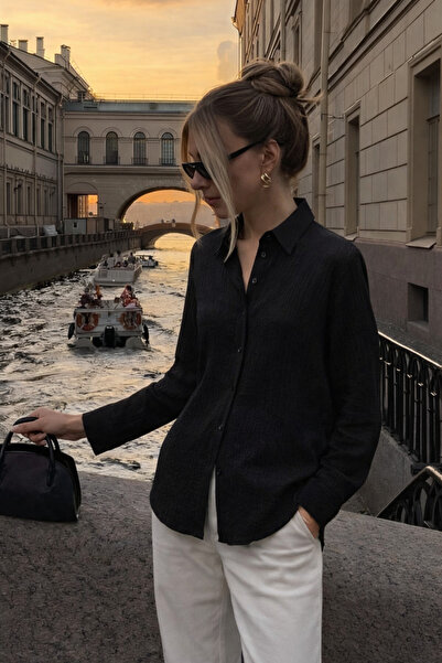 COMBİNE MİCHAİL Women's Linen Look Oversized Black Shirt