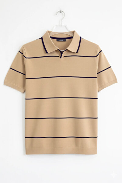 Edwox Ανδρικό πλεκτό μπλουζάκι με ανοιχτό γιακά Ριγέ κίτρινο Cd151