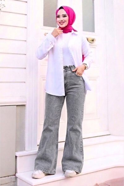 Tesettür Diyarı Γυναικείο Ισπανικό Τζιν Παντελόνι με Ελαστική Μέση - Σκούρο Γκρι