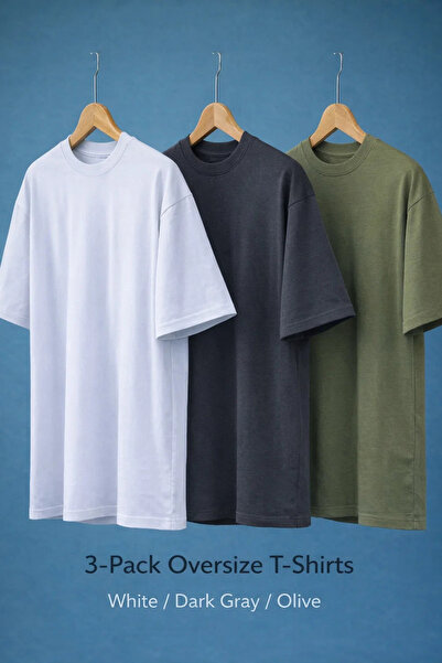 COMBİNE MİCHAİL Men's Basic Short Sleeve Oversized 3-Piece T-Shirt