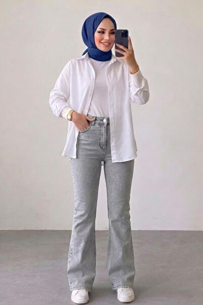 Tesettür Diyarı Γυναικείο Ισπανικό Τζιν Παντελόνι - Ανοιχτό Γκρι