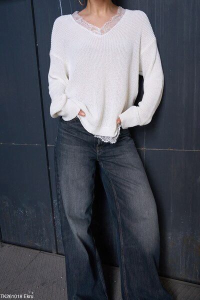 CADDELAMODA Women's Collar Lace Detailed Sheer Premium Sweater