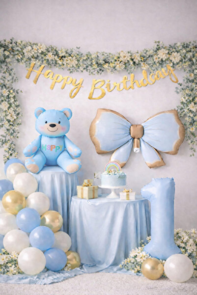 MERİ PARTİ Mavi Ayıcık Doğum Günü Balon Seti Erkek Bebek Birthday Parti Süsle...