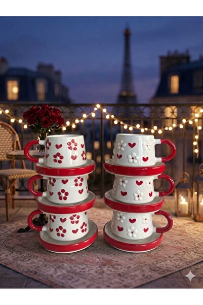 CEYU SERAMİK Kırmızı Kalp ve Papatya Desenli 6’lı Seramik Kahve Fincanı Takımı