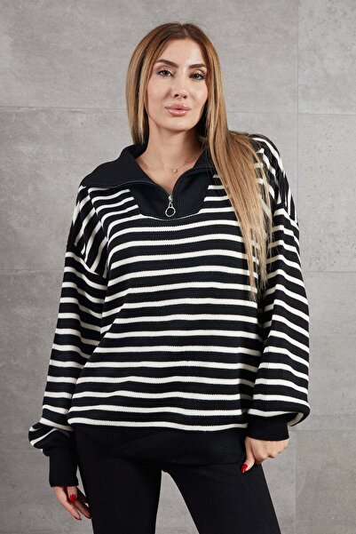 zenne Turtleneck zippered striped knit sweater
