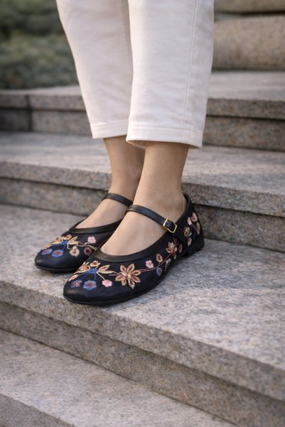Noliva Women's Black Floral Embroidered Mary Janes Ballet Flats Daily Comfortable Ballet Flats Shoes