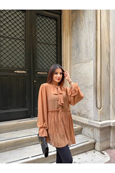 ikomteks Tie Collar Pleated Detailed Chiffon Dress