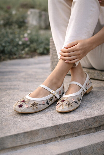 Noliva حذاء نسائي أبيض مزين بالزهور مطرز ماري جين حذاء مسطح مريح للاستخدام ال...