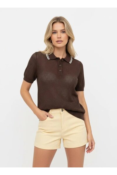 Park Karon Women's Polo Collar Knitted Detail Buttoned Knitwear Sweater 12468