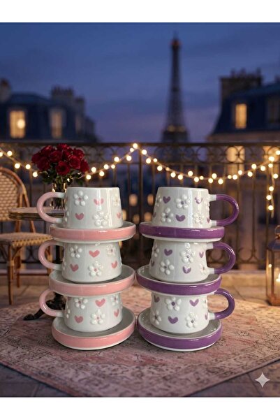 CEYU SERAMİK Kalp ve Papatya Desenli 6’lı Seramik Kahve Kupa Takımı – Pembe &...