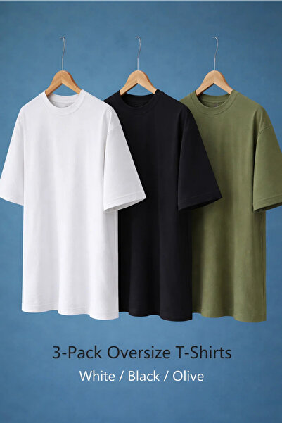 COMBİNE MİCHAİL Men's Basic Short Sleeve Oversized 3-Piece T-Shirt