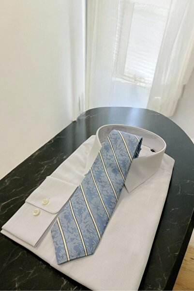 Sarar Microfibre 8 cm Striped Light Blue-Ecru Tie Kr-80