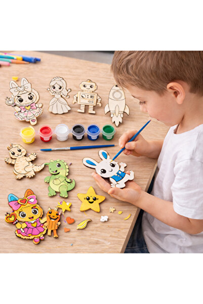 kids town Çocuklar İçin Ahşap Boyama Figürü Seti 6 Renk Boya Fırça Dahil Çocu...