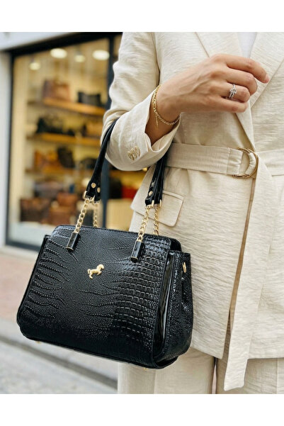 Çanta Trend Miami Polo Clup Black Patent Leather Women's Shoulder Bag with Ha...