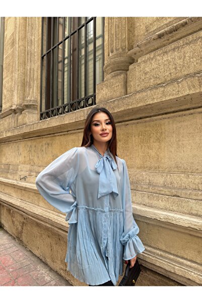 ikomteks Tie Collar Pleated Detailed Chiffon Dress